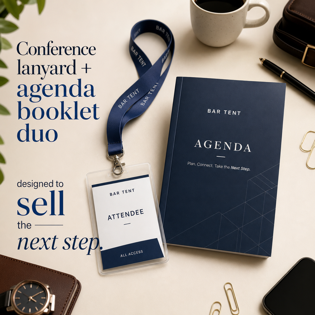 Bar Tent Conference lanyard + agenda booklet duo