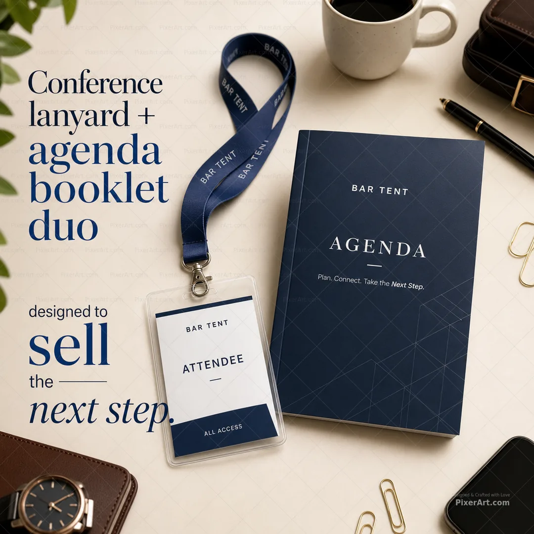 Bar Tent Conference lanyard + agenda booklet duo