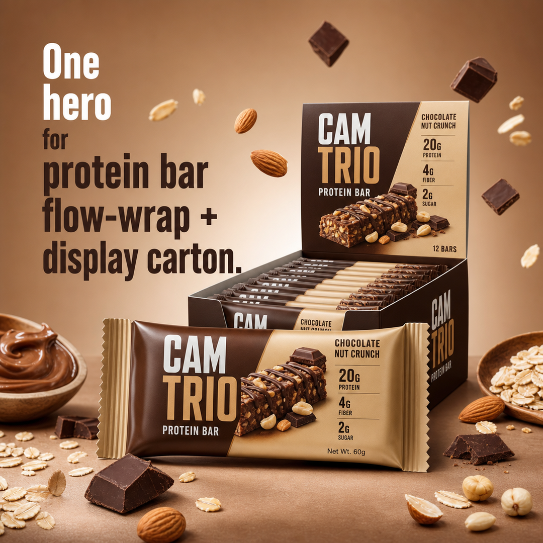 Cam Trio Protein bar flow-wrap + display carton