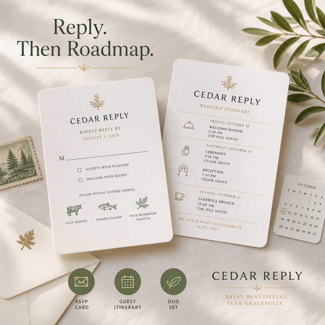 Cedar Reply RSVP + Itinerary Duo