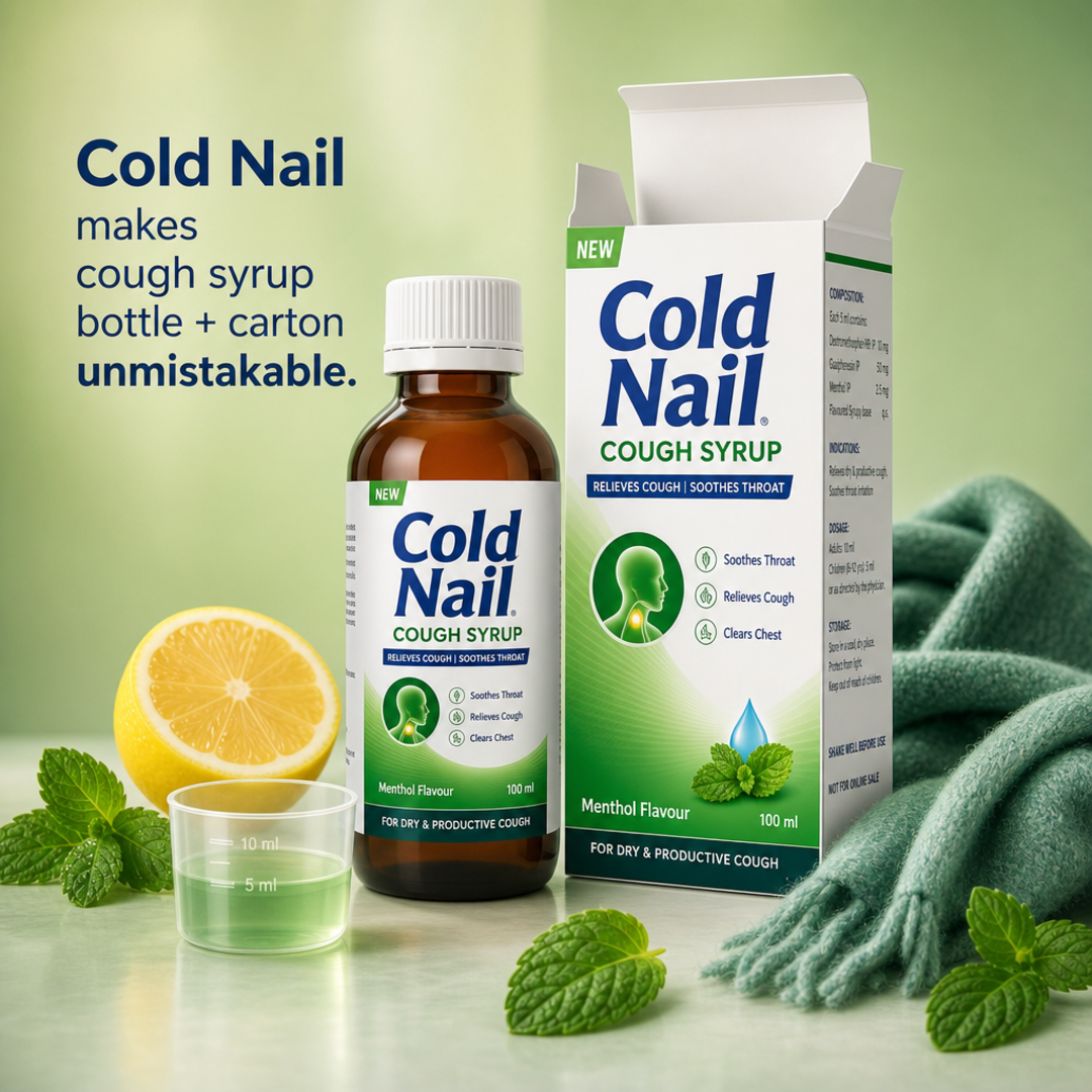 Cold Nail Cough syrup bottle + carton