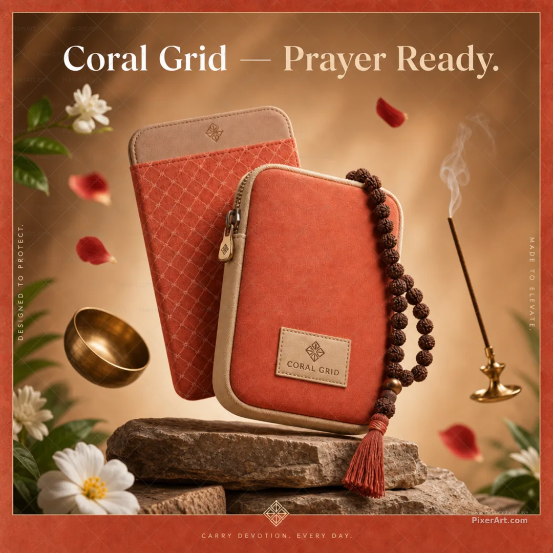 Coral Grid Prayer Beads / Mala Pouch + Sleeve