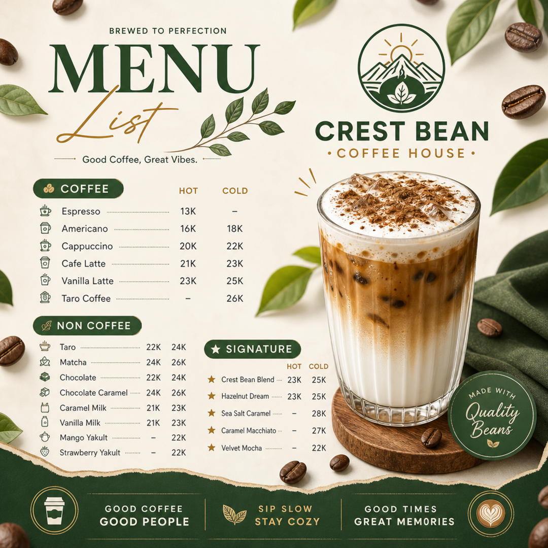 Crest Bean Coffee House Menu