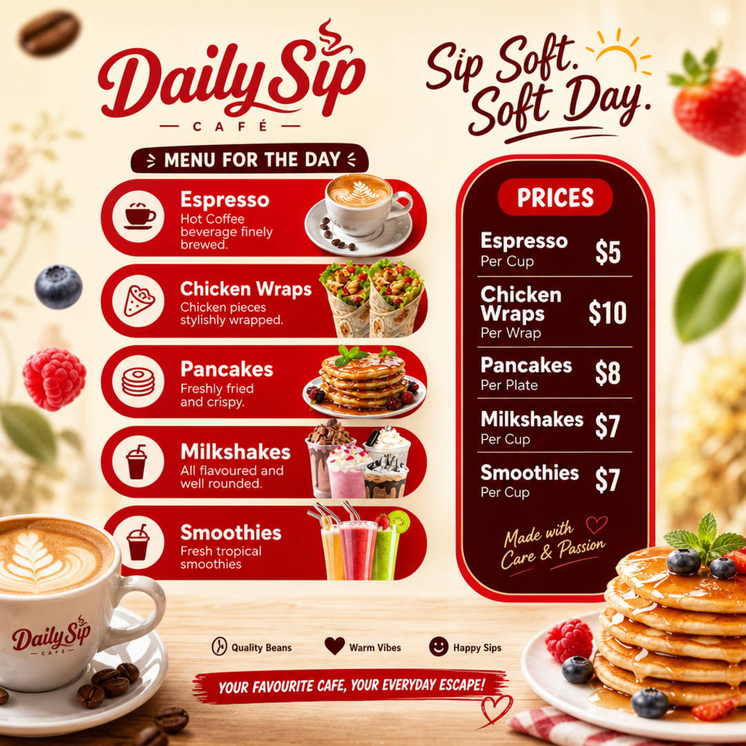 Daily Sip Cafe Day Menu