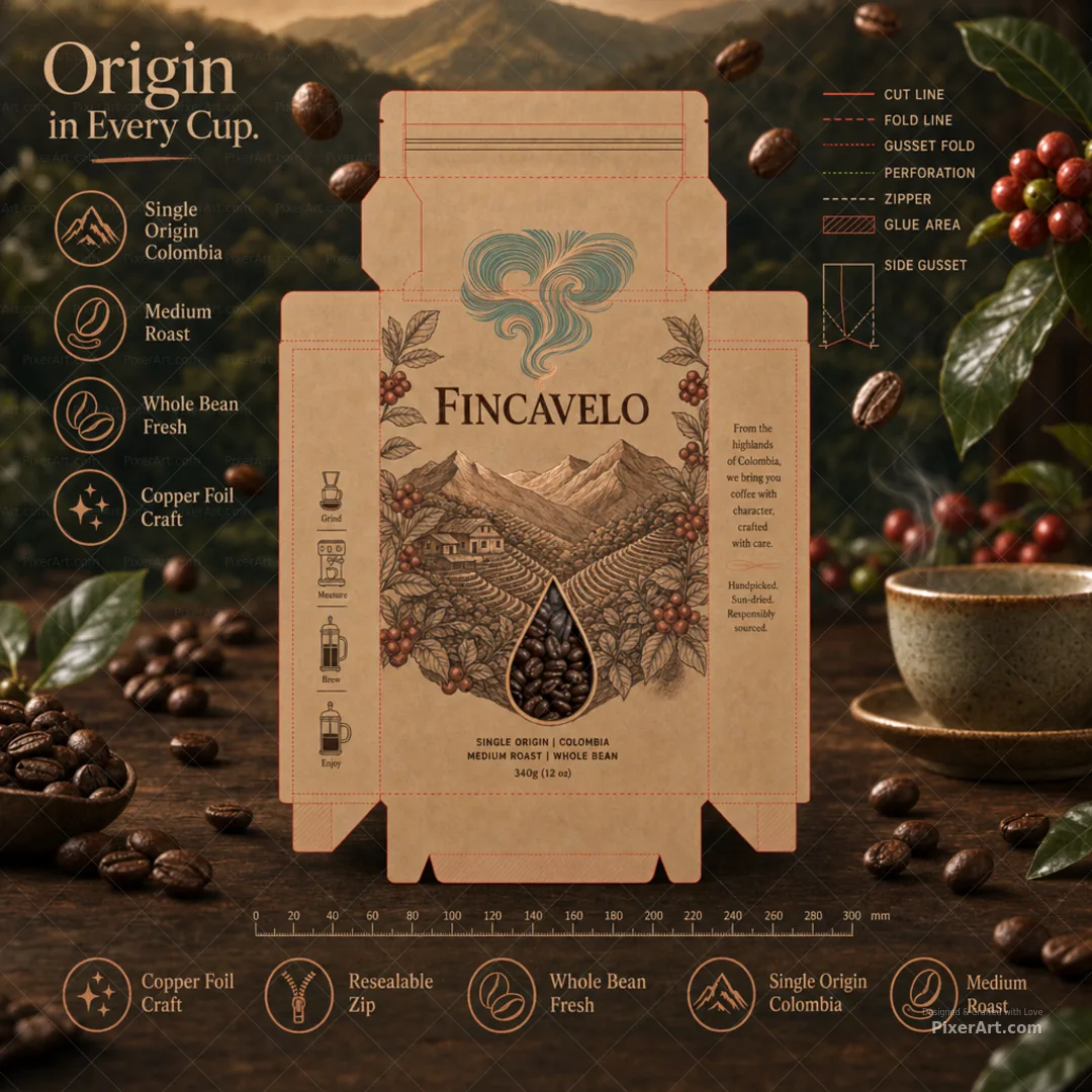 Fincavelo Colombia Woodcut Kraft Pouch