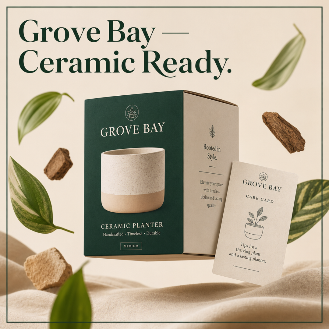 Grove Bay Ceramic Planter Retail Carton + Care Card