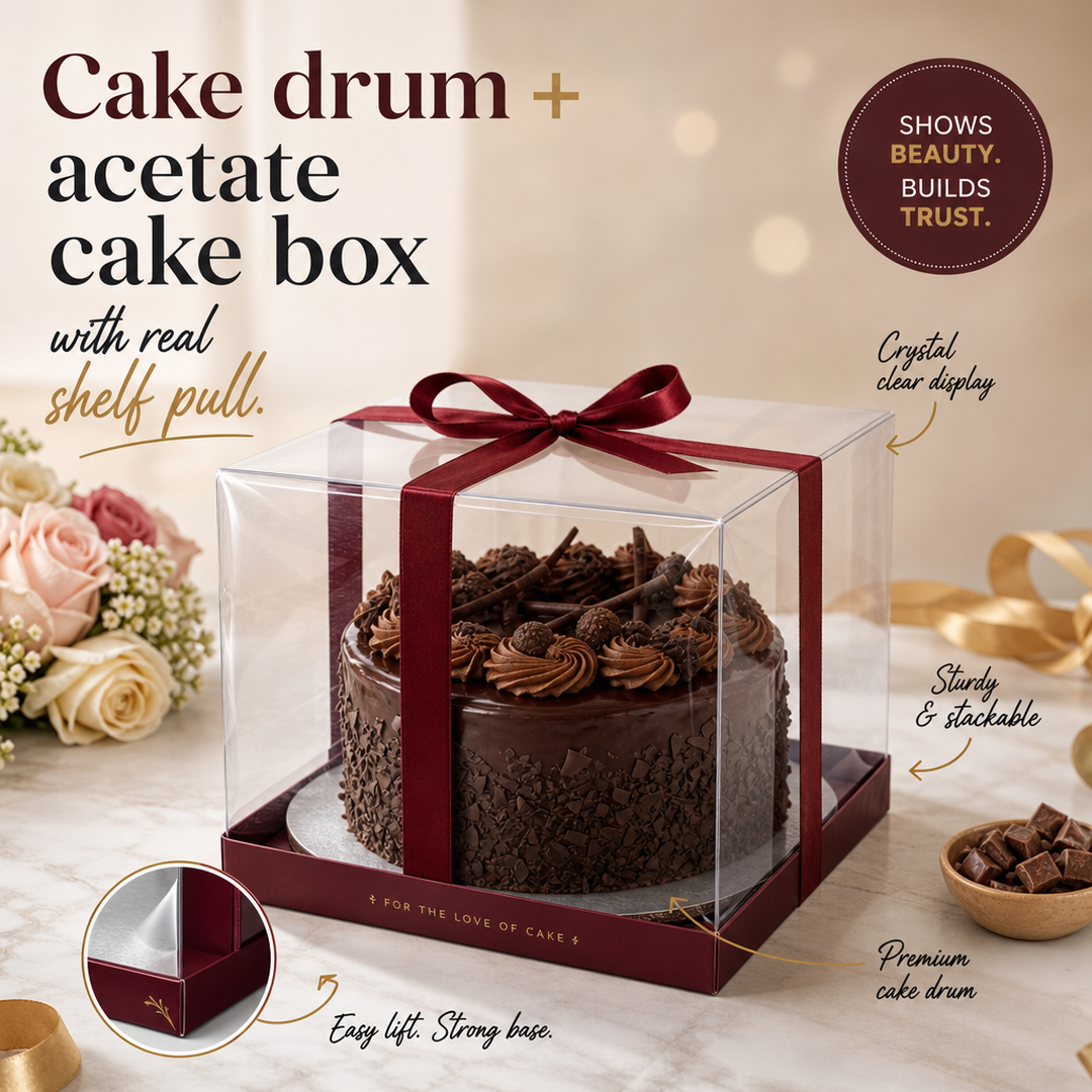 Rail Stack Cake drum + acetate cake box