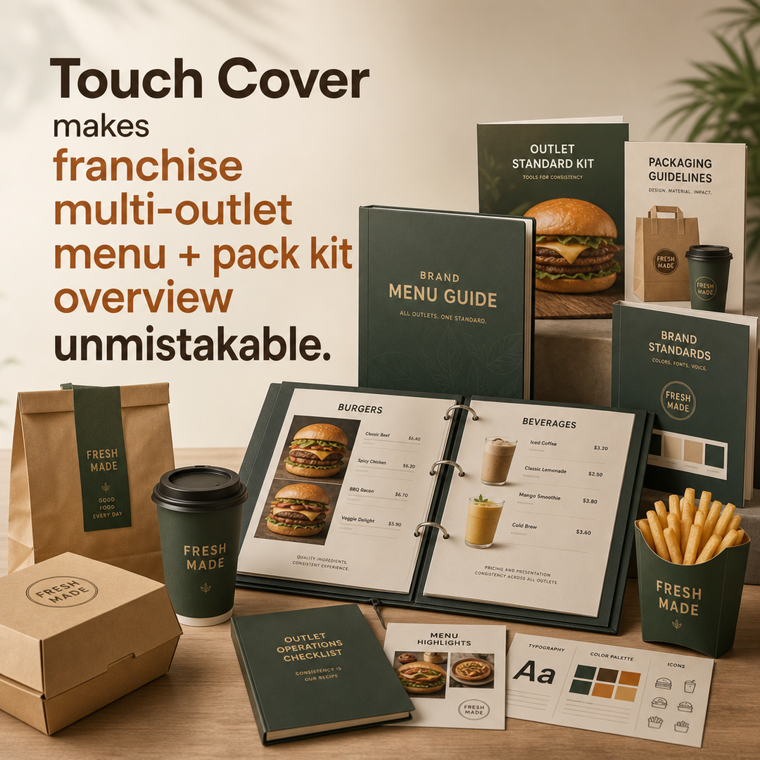 Touch Cover Franchise multi-outlet menu + pack kit overview
